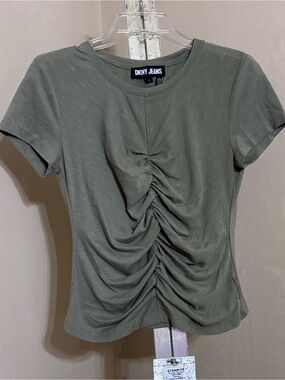 DKNY JEANS Olive Green Ruched Front Short Sleeve Tee - Size [S